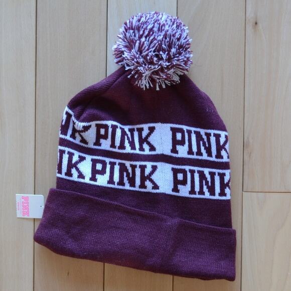 NWT PINK Victoria's Secret Beanie Winter Hat Maroon - Picture 1 of 3